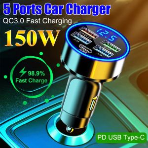 Fast Charging 150W 5 Ports Car Charger PD QC3.0 USB C Car Phone Charger Type C Adapter in Car For Xiaomi Samsung iphone Huawei