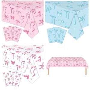 Pink Bow Disposable Plastic Tablecloth 137×274cm Rectangle Table Cover for Birthday Wedding Events Party Decor