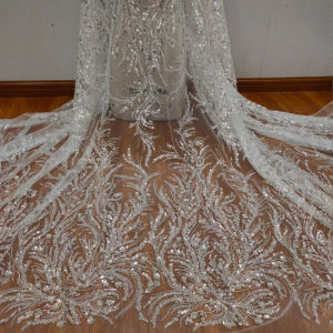 High quality silver sequins bead embroidery flower style mesh wedding dress DIY lace fabric