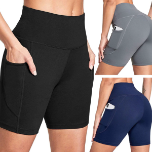Stylish Womens Swim Shorts High Waist Design Yoga Short Leggings Solid Color with Tummy Control and Side Pockets