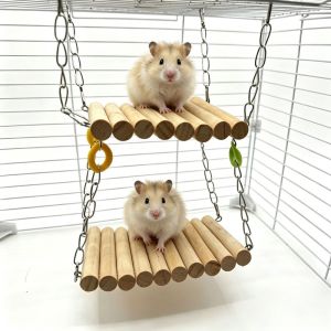 HIV00 Wood Bird Cage Swing Toy Double-layer Hanging Hamster Hammock Toy Rest Bed Creative Bird Perch Small Animals