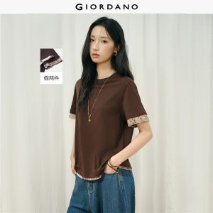 Giordano Women Fake two-piece print trim short sleeve tee Free Shipping 18326519