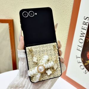 Luxury Tweed Fabric Phone Case for Samsung Galaxy Z Flip 8/7/6 Elegant 3D Bow Pearl Four‑Leaf Clover Chain Wrist Strap Hard Protective Cover for Women Girls