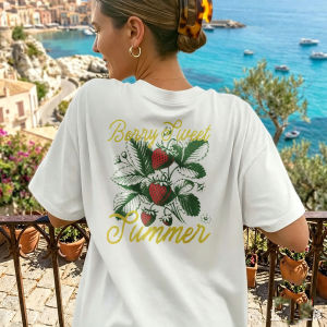 [Local Stock] HBESTY  Oversized Crew Neck White T Shirt With Strawberry Floral Script Print Berry Sweet Summer Green Leaves Red Berries Yellow Text