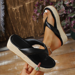 Free Shipping Thick-Soled Wedge Flip-Flops For Women Fashionable Summer Outdoor Wear Height-Increasing Sandals Black Woven Sole European Size