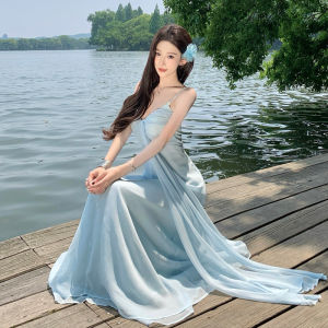 2026 Summer New Rhinestone Decor Sash Blue Slip Dress Women Vacation Beach Maxi Dress