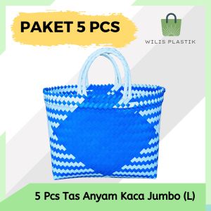 PAKET MURAH 5 PCS Tas Anyaman Plastik Kaca Jumbo (L) Keranjang Belanja Bingkisan Hampers Parcel THR