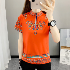 Short Sleeve Half Open Collar Ethnic Style Zip Short Sleeve for Women Summer New Casual Tops Thin Breathable Noble Quick Dry Sweat