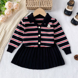 Bear Leader Kids Girls Striped Clothing Sets Baby Single Breasted Knitted Top+solid Color Pleated Skirt 2-piece Set Winter School Style Childrens Cute Rabblit Clothes Suits