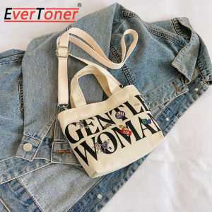 EverToner Gentle Woman Casual Canvas Small Bucket Tote Bags Simple Letter Design Female Fashion Crossbody Bag