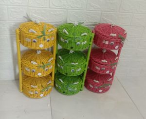 Rak Bumbu Dapur Karakter Rotan Susun Tiga Tingkat Multifungsi - Warna Solid