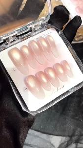 【HANDMADE+Free Glue】Artificial Nail Simple Almond Cat Eye Light Luxury Nude French Phototherapy Fake Nail Patch Press on Nails Reusable