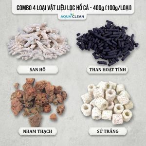 Combo 400g Vật Liệu Lọc Hồ Cá Đầy Đủ: Than Hoạt Tính Sứ Trắng San Hô Nham Thạch