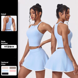 Womens Sportswear Sports Tank Top + Skirt 1 Set Threaded Nude Yoga Set Contrast Color Back-Enhancing Tights Womens Tennis Skirt Sports Fitness Set