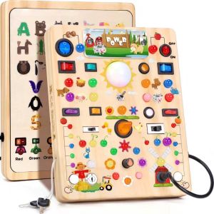 Busy Board with LED Light Switches Montessori Toys for 1 2 3 Years Old Toddlers Wooden Toy Sensory Activity Board Travel Toys for 1+ Year Old Boy & Girl Birthday Gift