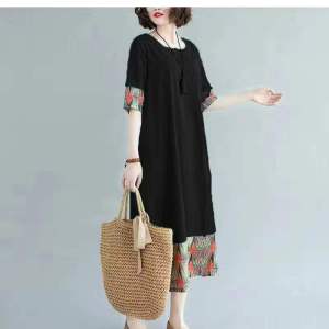 Womens 2024 Summer Ethnic Style Retro Color Blocking Printed Short Sleeved Dress Large Loose and Age Reducing Dress Women