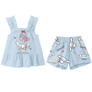 LNR Shop Setelan Lengan Tali Full Karet Ruffle dan Celana Pendek Motif Sanrio Cinnamon Roll Kuromi My Melody Kartun Bahan Katun Kaos Lengan Pendek Untuk Anak Perempuan Pakaian Set Musim Panas Stelan Santai Rumahan