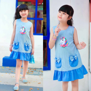 ชุดเดรสเด็กผู้หญิง ผ้าด๊อบบี้ปักลายยูนิคอร์น