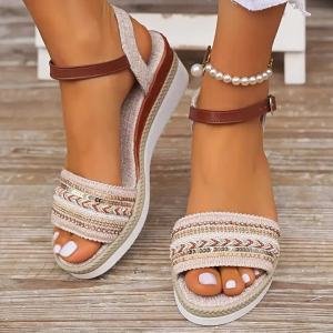 Straw-Woven Rhinestone Glitter Wedge Platform Sandals New Summer Style Simple And Comfortable Fashion Buckle High Heels