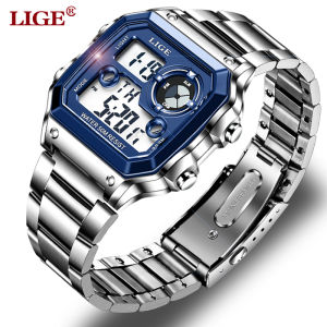 LIGEนาฬิกาแฟชั่นดิจิตอลสำหรับอเนกประสงค์สำหรับผู้ชายส่องสว่างกีฬากันน้ำ + ฟรีกล่อง
