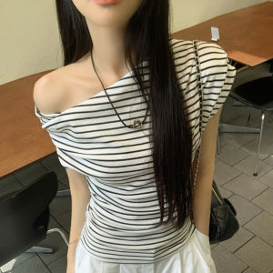 Korean Style Striped Off Shoulder Top Women Casual Slim Fit Short Sleeve Striped T-shirt
