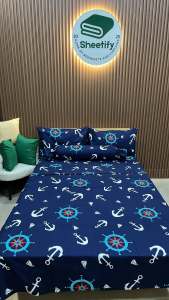 Sheetify I Navy Anchor I 3in1 Bedsheet Set w/ 2 Pillowcase 18X28 I Canadian Cotton I Full garter