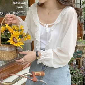 WATER Dành cho Nữ Thanh lịch Phụ kiện khăn quàng cổ Dài Tay Áo choàng chống nắng Bọc Mùa hè Khăn quàng cổ Diềm Xếp Nếp Áo khoác ngắn Áo cardigan ren Khăn choàng phong cách Hàn Quốc Khăn choàng chống nắng