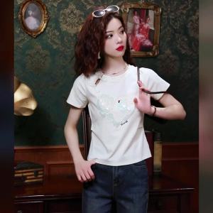 AMMIN เสื้อเบลาส์ปักเลื่อมรูปหัวใจสไตล์วินเทจของผู้หญิงเสื้อยืดผ้าฝ้ายแขนแขนสั้นคอกลมสไตล์จีนใหม่2024ฤดูร้อน