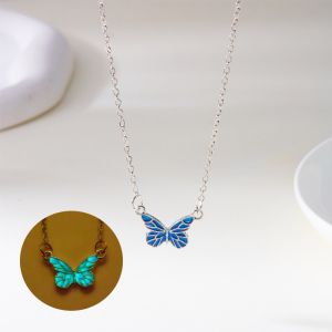 JACAUY Dreamy Blue Color Luminous Butterfly Necklace Luminous Design Butterfly Shape Butterfly Bracelet Light Luxury Alloy Glow in Dark Pendant For Women