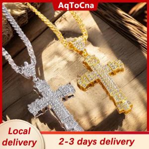 [COD] AqToCna Ship within 24 hours Unique Hip Hop Inlaid Rhinestone Exaggerated Retro Cross Pendant Men Necklace Jewelry Accessries