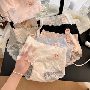 LANGJ บางและบาง กางเกงในตาข่ายลูกไม้ เอวกลางเอว หวานหวานแหววว กางเกงในไร้รอยต่อ แฟชั่นสำหรับผู้หญิง โปร่งใสโปร่งใส ชุดชั้นในสำหรับผู้หญิง สำหรับผู้หญิง