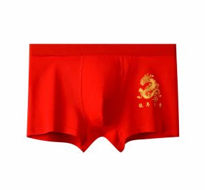 Mens Red Mid-Waist Underwear for Zodiac Year Pure Cotton Festive Boxer Briefs Breathable Large Size Mens Gift