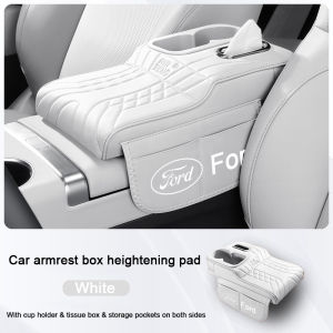 Car Armrest Box Cushion With 2 Cup Holder And Tissue Box & Side Pocket Elbow Rest Armrest Heightening Pad Cover For Ford Ranger XLT WildTrak Focus MK2 MK3 Ranger Raptor Mustang Ecosport Kuga Everest Mondeo Car Interior