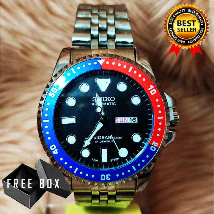 Seiko 5 21 Jewels Automatic 10 Bar Resist Blue Red Frame Black