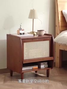 UrbanSpace SG- Japanese-style solid wood bedside table Nordic rattan storage cabinet simple bedroom bedside drawer storage cabinet sofa side cabinet
