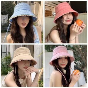 FUTUI Sweet Summer Fisherman Hat French Style Big Brim Womens Sun Hat Sunscreen Foldable Lace-up Sun Caps Outdoor