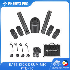 Phenyx Pro PTD-10 7-Piece Drum Instrument Microphone Kit All Metal Wired Dynamic Cardioid Mic Set for Bass/Tom/Snare/Hi-hat Cymbals Comes with Carrying Case + Mic Holder + Thread Clip