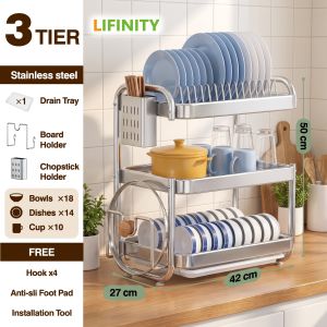 Lifinity 2/3 Tiers Dish Drying Rack 304 Stainless Steel Kitchen Storage Rack