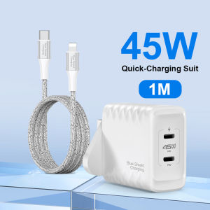 BlueShieldCharging 45W GaN 2‑Port Dual Type‑C Charger Set C to 8-Pin Cable for i14 i13 and below Safe Anti‑Shock