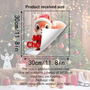 SWEET 2D Flat Printed 3D Christmas Static Cling Decal Waterproof Removable Static Xmas Party Door Stickers Squirrel DIY Plush Weaving Style Glass Window Sticker New Year