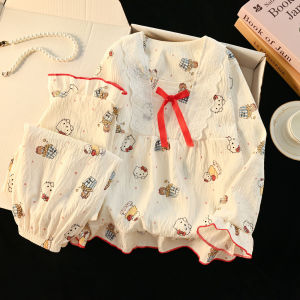 Autumn New Children Pajamas Set Anime Kawaii Princess Cotton Floral Collar Fashion Casual Print Long-Sleeved Tops Pants Homewear