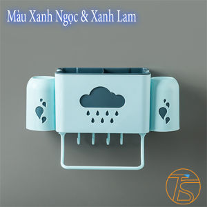 Kệ nhà tắm đa năng hình đám mây kèm 2 cốc treo 4 bàn chải đánh răng có 2 học ngăn để dầu gội sữa tắm - Kệ phòng tắm có móc treo bông tắm máng khăn