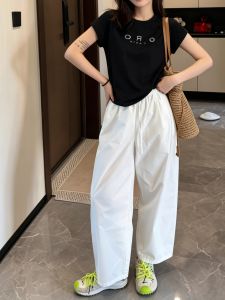 Korean Casual White Wide Leg Pants High Waist Elastic Drawstring Trousers Slim Fit Straight Leg Non Plus Size Lightweight Breathable Pants for Women 18-35 Daily Office & Vacation Wear