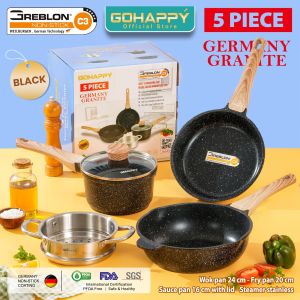 NO.1. PANCI SET GOHAPPY GERMANY GRANITE 5 PC WAJAN set wok sauce pan fry pan asli GREBLON C3