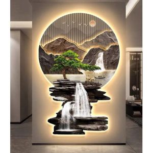 (ẢNH THẬT) Tranh đèn led núi non hùng vĩ 2 trang trí decor phòng khách khổ dọc kèm đinh
