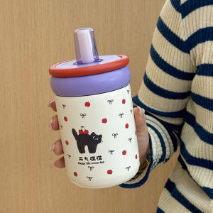 Travel Cute 316 Stainless Steel Thermos Cup with Straw  Leak-Proof Sealed Thermal Water Bottle with Foldable Handle