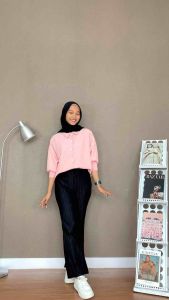 NJ Hyoyeon Kemeja Poly Atasan Wanita Casual Tali Pita Korean Style