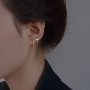 [fenggongshuode] Four-pointed Star Cross Small Hoop Earrings For Men Women Hip Hop Retro Black -color Street Gothic Ear Jewelry