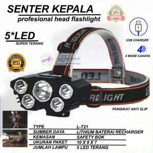 SENTER KEPALA SUPER TERANG 5 LED  USB RECHARGER
