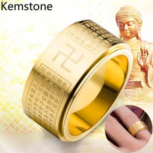 Kemstone Fashion Retro Stainless Steel Rotational Buddhism Scriptures Ring Mens Jewelry Gift